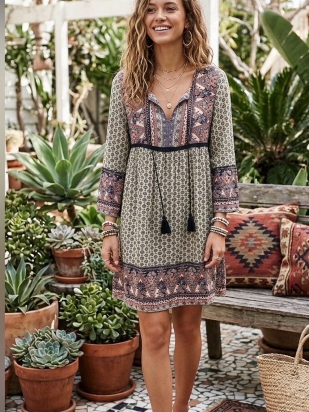 Knox Rose Olive and Rust Printed Boho Mini Dress